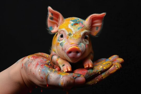 A miniature pig on a human hand with colorful paint on dark background, Generative AI