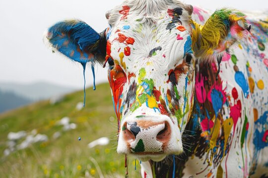 A cow in a meadow with colorful paint, Abstract cow, Generative AI
