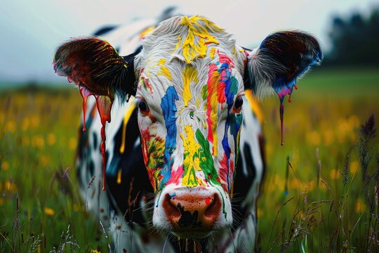 A cow in a meadow with colorful paint, Abstract cow, Generative AI