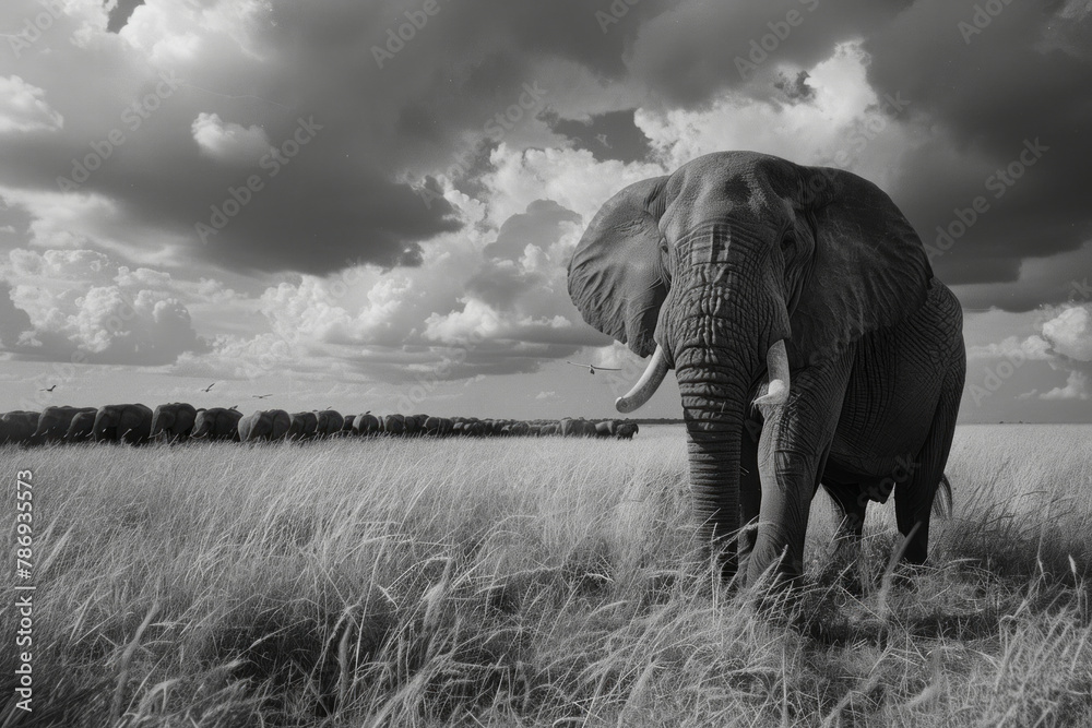 Poster a scene where a majestic elephant watches over the migration from a distance, symbolizing the interc