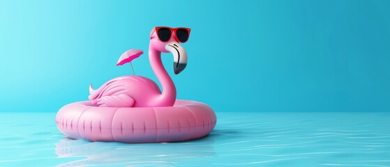 Obraz na płótnie Canvas A flamingo float with sunglasses against a pale blue background. Summer-minimal concept rendered in 3D.