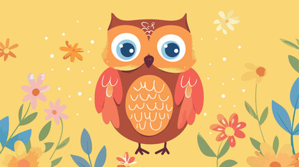 Cute Cartoon Owl with flowers on a yellow background