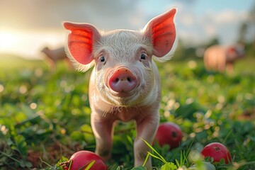Funny young pig is standing on the green grass, Pigs farming, Generative AI