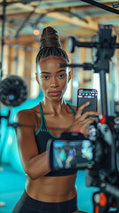 Active young female fitness instructor recording workout video. Sporty woman in sportswear filming online training session on smartphone. Healthy lifestyle blogger creating content for fitness blog.