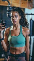Fototapeta na wymiar Active young female fitness instructor recording workout video. Sporty woman in sportswear filming online training session on smartphone. Healthy lifestyle blogger creating content for fitness blog.