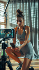 Fototapeta premium Active young female fitness instructor recording workout video. Sporty woman in sportswear filming online training session on smartphone. Healthy lifestyle blogger creating content for fitness blog.