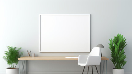 Clean, minimalist office environment with vibrant accents and a blank white frame, ready for inspiration.
