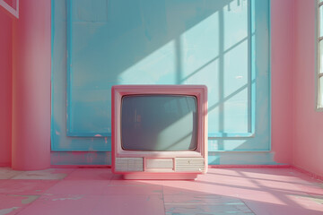 Vintage Coral Television on a Pastel Background