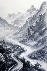 Chinese ink painting brings to life a tranquil scene - towering mountains, a river snaking through the valley, and a small village nestled on its banks.