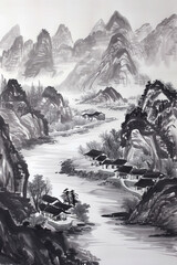A Chinese ink landscape depicts towering mountains, a winding river flowing past a peaceful village, and the delicate touch of a traditional brushstroke.