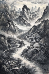 Majestic mountains rise above a winding river adorned with a quaint village, all captured in the ethereal beauty of Chinese ink painting.