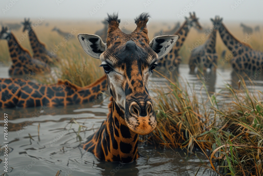 Poster An image capturing the interaction between giraffes and migrating herds, as they all share the limit