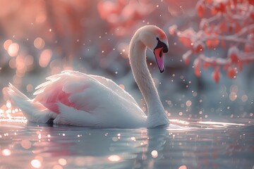 A white swan with a pink beak gracefully swims in the liquid - Powered by Adobe