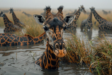 An image capturing the interaction between giraffes and migrating herds, as they all share the limit - obrazy, fototapety, plakaty