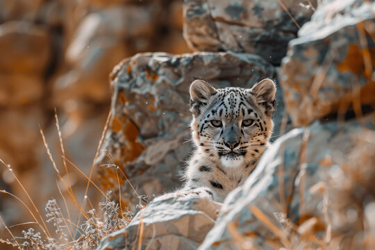 An image capturing the quiet majesty of a snow leopard in the rugged mountains of Central Asia, camo