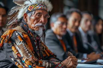 An image of a shaman advising a boardroom of executives, his traditional attire contrasting with the - obrazy, fototapety, plakaty