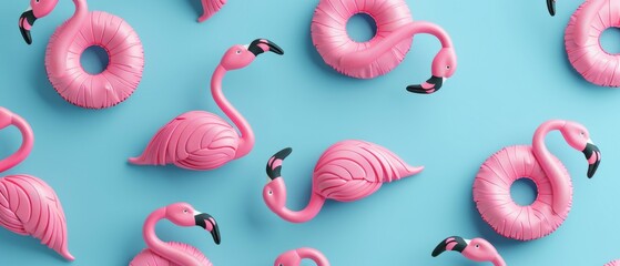 Pattern of flamingos floating on a blue background. Summer concept, rendered in 3D