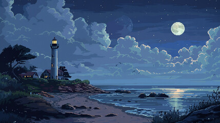 A serene moonlit beach featuring a lonely lighthouse depicted in detailed pixel art. The atmospheric clouds in the dark sky-blue and gray backdrop create a captivating scene.