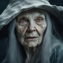 Portrait of an Old Wrinkled Witch with Blue Eyes and Gray Hair