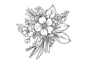 Boutonniere of wild rose flowers and berries Clip art, set of elements for design Outline hand drawing vector illustration. In botanical style