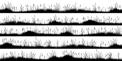 Naklejka premium Meadow silhouettes with grass, plants on plain. Panoramic summer lawn landscape with herbs, various weeds. Herbal border, frame element. Black horizontal banners. Vector illustration