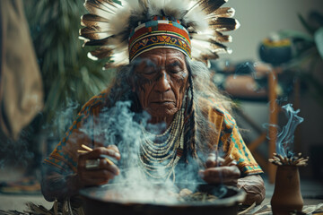 An image of a shaman conducting a cleansing ceremony in an office, using smoke from medicinal herbs