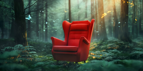 red armchair in middle of forest, mystery world memory, hope reality