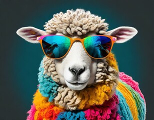 Fototapeta premium Colorful Creations: Portrait with Sunglasses on Clean Background, Highlighting Sheep Fur Body Paint in Vibrant Hues