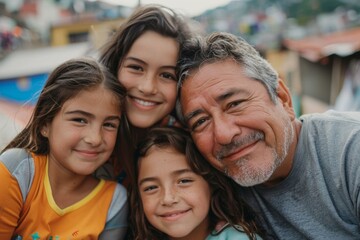 A man and three girls pose for a picture with their father. Generative AI.