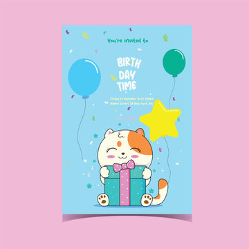 Cute invitation card with cute cat picture for children