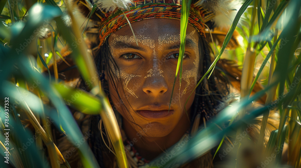 Aufkleber an image of a shaman surrounded by whispering reeds, each reed's movement calling forth a slender, w
