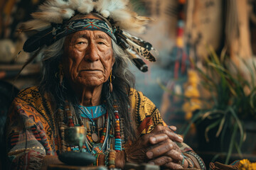 An image of a shaman presenting at a green energy conference, his traditional symbols and tools disp