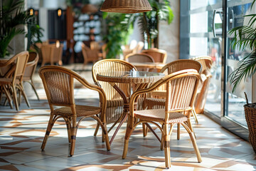 Fototapeta na wymiar Beautiful wicker chairs and table in empty stylish restaurant