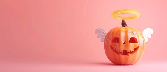 A 3D render of Halloween pumpkin with angel halo on pastel pink background. An original idea. A minimalist concept.