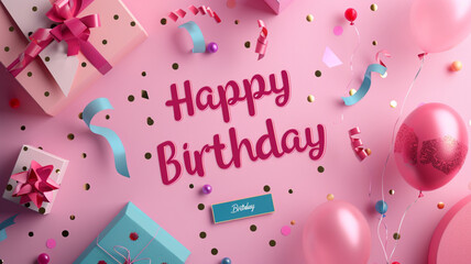 Happy Birthday typography design for greeting cards and poster with balloon, confetti and gift box,...