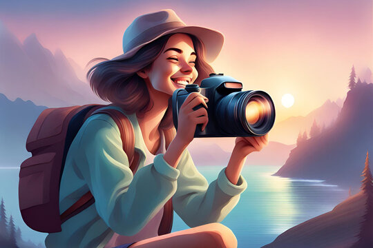 Young woman photographing happy moments of adventure with a camera