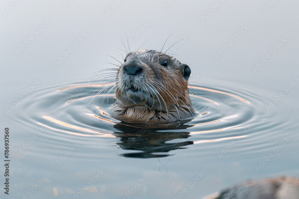 Poster a depiction of a lemming pausing momentarily at the water's edge, the reflection of the sky in its e