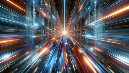 An abstract depiction of high-speed global data transfer, ultra-fast broadband, and cyber tech motion in a technological background.