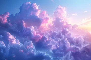Fotobehang A serene sky featuring soft lavender stratospheric clouds gently floating across a pastel blue background, conveying a calm and peaceful evening © Filip