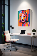 Contemporary office setting with sleek design and bright pops of color, accentuated by an empty white frame.