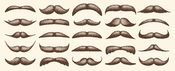 Brown stippled vintage mustache. Curly facial hair. Hipster beard. Stippling, dot drawing and shading, stipple pattern, halftone effect. Vector illustration