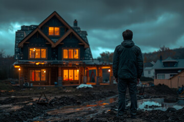 An image of a vampire set designer at dusk, overseeing the construction of an eerily realistic haunt