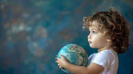 Fototapeta premium Curious Child Embracing a Globe, Contemplating the World with Innocent Wonder Against a Textured Blue Backdrop