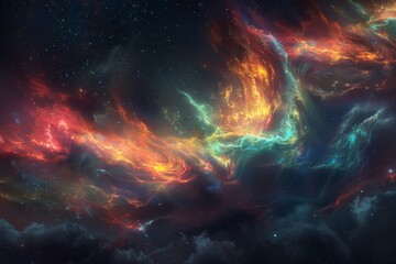 A vibrant display of multicolored stratospheric clouds, featuring streaks of red, blue, and green against a black night sky, creating a celestial and imaginative composition - obrazy, fototapety, plakaty