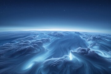 A view of wispy stratospheric clouds set against a deep indigo sky, creating a dreamy backdrop with subtle hints of silver moonlight filtering through - obrazy, fototapety, plakaty