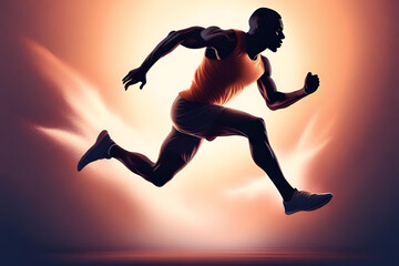 Athletic sprinter jumping mid air in a studio silhouette, training with determination