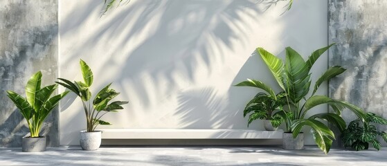 The product stand is blank and has tropical plants in the background.