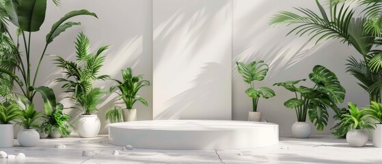 Product stand with tropical plants. 3D rendering