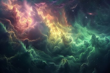Fototapeta premium Neon stratospheric clouds in vivid shades of pink and green, giving the appearance of a futuristic or alien sky, set against the backdrop of a dark, expansive universe