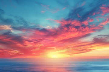 Soft, feathery stratospheric clouds in a gradient of sunset colors ranging from yellow to deep red, set against a clear evening sky, creating a smooth and soothing transition - obrazy, fototapety, plakaty
